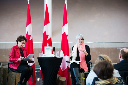 MIKAELA MACKENZIE / WINNIPEG FREE PRESS
Patty Hajdu, Minister of Employment, Workforce Development, and Labour, (right) discusses the 2018 budget with women's rights advocate Sandra Altner at the Canadian Museum of Human Rights in Winnipeg, Manitoba on Wednesday, Feb. 28, 2018.
180228 - Wednesday, February 28, 2018.