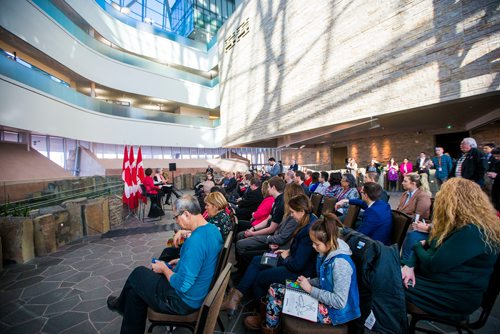 MIKAELA MACKENZIE / WINNIPEG FREE PRESS
Patty Hajdu, Minister of Employment, Workforce Development, and Labour, discusses the 2018 budget with women's rights advocate Sandra Altner at the Canadian Museum of Human Rights in Winnipeg, Manitoba on Wednesday, Feb. 28, 2018.
180228 - Wednesday, February 28, 2018.