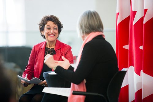 MIKAELA MACKENZIE / WINNIPEG FREE PRESS
Women's rights advocate Sandra Altner (left) discusses the 2018 budget with  Patty Hajdu, Minister of Employment, Workforce Development, and Labour, at the Canadian Museum of Human Rights in Winnipeg, Manitoba on Wednesday, Feb. 28, 2018.
180228 - Wednesday, February 28, 2018.