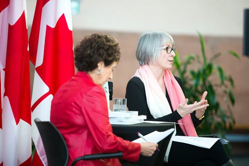 MIKAELA MACKENZIE / WINNIPEG FREE PRESS
Patty Hajdu, Minister of Employment, Workforce Development, and Labour, (right) discusses the 2018 budget with women's rights advocate Sandra Altner at the Canadian Museum of Human Rights in Winnipeg, Manitoba on Wednesday, Feb. 28, 2018.
180228 - Wednesday, February 28, 2018.