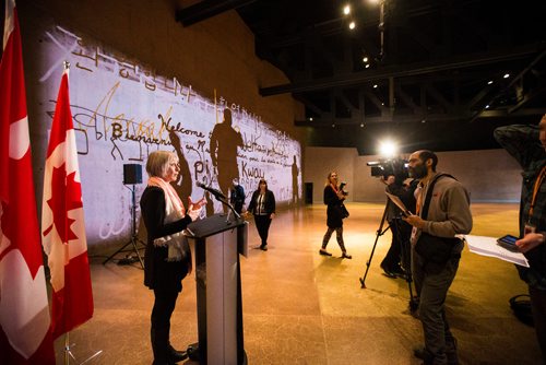 MIKAELA MACKENZIE / WINNIPEG FREE PRESS
Patty Hajdu, Minister of Employment, Workforce Development, and Labour, speaks to the media after discussing the 2018 budget at the Canadian Museum of Human Rights in Winnipeg, Manitoba on Wednesday, Feb. 28, 2018.
180228 - Wednesday, February 28, 2018.