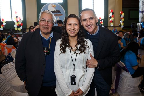 MIKE DEAL / WINNIPEG FREE PRESS
(from left) Senator Murray Sinclair, Kelsey Lands, a past participant who turned her internship into a full-time job, and Kevin Chief, VP at Business Council of Manitoba.
The Business Council of Manitoba held a youth career symposium at the Neeginan Centre. Called #YouthCEO, the event saw around 200 youth, including Indigenous and new Canadians, meet with seven of Manitoba's largest companies about careers available and how to get on the path to employment opportunities. Some of the youth traveled several hundred kilometres from their northern Manitoba communities to participate. Senator Murray Sinclair addressed the crowd and urged business leaders to work towards accepting indigenous youth into their workforce. 
180301 - Thursday, March 01, 2018.