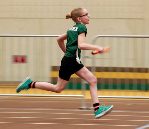 BORIS MINKEVICH / WINNIPEG FREE PRESS
Boeing Classic at the James Daly Fieldhouse in Max Bell Centre/UofM. Arborg Early Middle School athlete 
Kate Friesen competes in the relay. March 1, 2018
