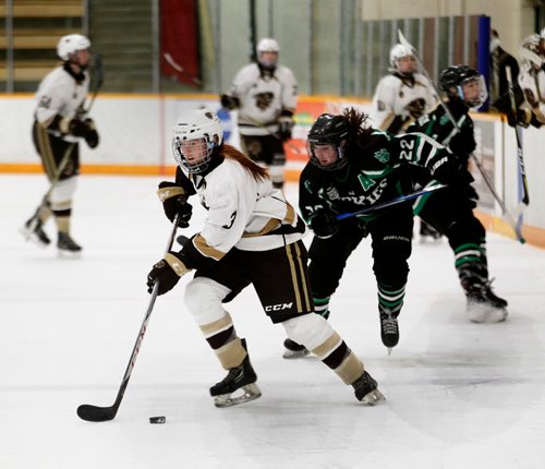 PHIL HOSSACK / WINNIPEG FREE PRESS - U of Manitoba Bisons #Caitlin Fyten leads the charge past U of Saskatchewan Huskies #22 Kennedy Harris Friday night in playoff action at the Wayne Flemming Arena. - March 2, 2018