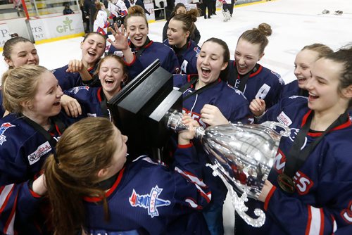 JOHN WOODS / WINNIPEG FREE PRESS
St Mary's Academy Flames celebrate defeating the Gentry Academy Galaxy in the 2018 Female World Sport School Challenge in Winnipeg Sunday, March 4, 2018.