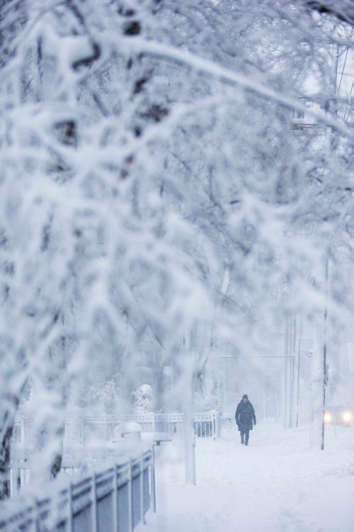 MIKAELA MACKENZIE / WINNIPEG FREE PRESS
Emma Alexander walks down a snowy sidewalk in Winnipeg, Manitoba on Monday, March 5, 2018.
180305 - Monday, March 05, 2018.