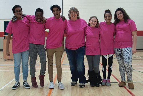 Canstar Community News Feb. 28, 2018 - A group of students from Seven Oaks Middle School presented an anti-bullying film at Maple Leaf School (251 McIvor Ave.) as part of the Red Cross Pink Day assembly, which was live-streamed to participating schools in communities across Manitoba and Nunavut. (SHELDON BIRNIE/CANSTAR/THE HERALD)