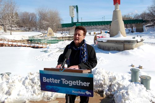 BORIS MINKEVICH / WINNIPEG FREE PRESS
Minister Ron Schuler announces the Lake St. Martin channel road construction project. Event took place at base of the steps at The Forks Historic Port. NICK MARTIN STORY March 6, 2018