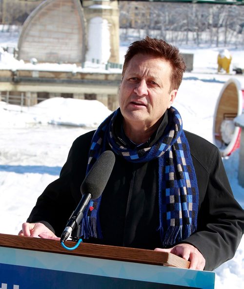 BORIS MINKEVICH / WINNIPEG FREE PRESS
Minister Ron Schuler announces the Lake St. Martin channel road construction project. Event took place at base of the steps at The Forks Historic Port. NICK MARTIN STORY March 6, 2018