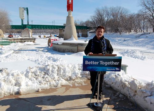 BORIS MINKEVICH / WINNIPEG FREE PRESS
Minister Ron Schuler announces the Lake St. Martin channel road construction project. Event took place at base of the steps at The Forks Historic Port. NICK MARTIN STORY March 6, 2018