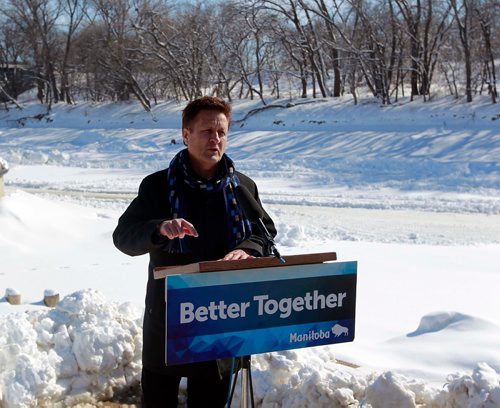 BORIS MINKEVICH / WINNIPEG FREE PRESS
Minister Ron Schuler announces the Lake St. Martin channel road construction project. Event took place at base of the steps at The Forks Historic Port. NICK MARTIN STORY March 6, 2018
