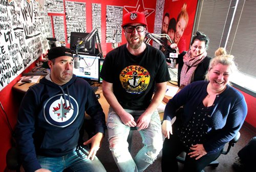 BORIS MINKEVICH / WINNIPEG FREE PRESS
Ace Burpee does his morning show at Virgin 103. Ace does a crazy amount of charity work around the province. From left, Kevin 'Lloyd' Frobisher, Ace Burpee, Amber Saleem, and Chrissy Troy pose for a photo in the studio. RANDY TURNER STORY. March 6, 2018