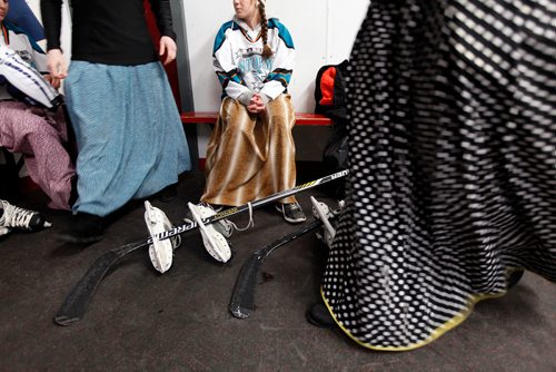 PHIL HOSSACK / WINNIPEG FREE PRESS - Team member's skirts fly as the team settles into their dressing room at the MacGregor arena for the annual charity game. See Melissa Martin's story. February 23, 2018