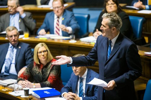 MIKAELA MACKENZIE / WINNIPEG FREE PRESS
Premier Brian Pallister makes a farewell speech for Greg Selinger on his last day at the Legislature in Winnipeg, Manitoba on Wednesday, March 7, 2018.
180307 - Wednesday, March 07, 2018.