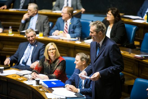 MIKAELA MACKENZIE / WINNIPEG FREE PRESS
Premier Brian Pallister makes a farewell speech for Greg Selinger on his last day at the legislature in Winnipeg, Manitoba on Wednesday, March 7, 2018.
180307 - Wednesday, March 07, 2018.