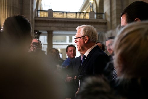 MIKAELA MACKENZIE / WINNIPEG FREE PRESS
Greg Selinger scrums with the media on his last day at the legislature in Winnipeg, Manitoba on Wednesday, March 7, 2018.
180307 - Wednesday, March 07, 2018.