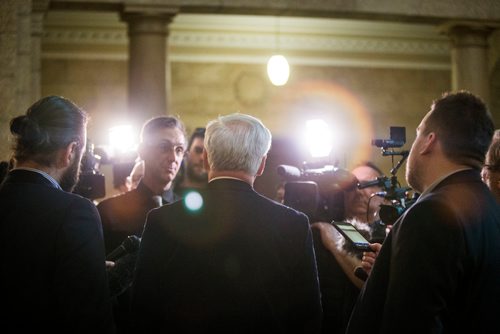 MIKAELA MACKENZIE / WINNIPEG FREE PRESS
Greg Selinger scrums with the media on his last day at the legislature in Winnipeg, Manitoba on Wednesday, March 7, 2018.
180307 - Wednesday, March 07, 2018.