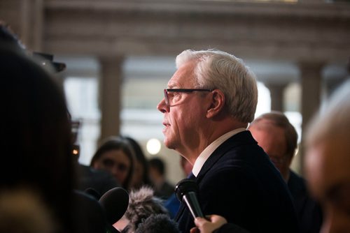 MIKAELA MACKENZIE / WINNIPEG FREE PRESS
Greg Selinger scrums with the media on his last day at the legislature in Winnipeg, Manitoba on Wednesday, March 7, 2018.
180307 - Wednesday, March 07, 2018.