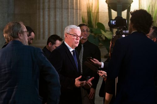 MIKAELA MACKENZIE / WINNIPEG FREE PRESS
Greg Selinger scrums with the media on his last day at the legislature in Winnipeg, Manitoba on Wednesday, March 7, 2018.
180307 - Wednesday, March 07, 2018.