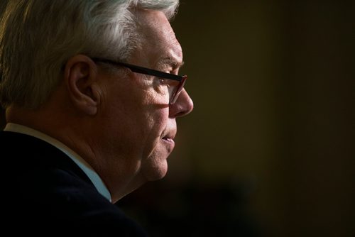 MIKAELA MACKENZIE / WINNIPEG FREE PRESS
Greg Selinger scrums with the media on his last day at the legislature in Winnipeg, Manitoba on Wednesday, March 7, 2018.
180307 - Wednesday, March 07, 2018.