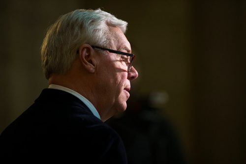 MIKAELA MACKENZIE / WINNIPEG FREE PRESS
Greg Selinger scrums with the media on his last day at the legislature in Winnipeg, Manitoba on Wednesday, March 7, 2018.
180307 - Wednesday, March 07, 2018.