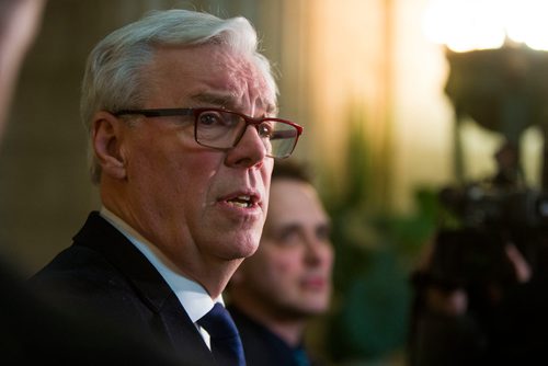 MIKAELA MACKENZIE / WINNIPEG FREE PRESS
Greg Selinger scrums with the media on his last day at the legislature in Winnipeg, Manitoba on Wednesday, March 7, 2018.
180307 - Wednesday, March 07, 2018.