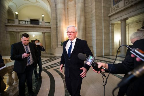 MIKAELA MACKENZIE / WINNIPEG FREE PRESS
Greg Selinger scrums with the media on his last day at the legislature in Winnipeg, Manitoba on Wednesday, March 7, 2018.
180307 - Wednesday, March 07, 2018.