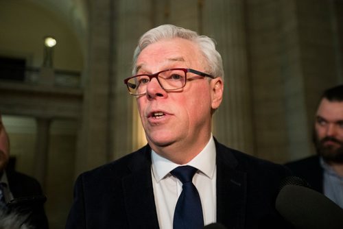 MIKAELA MACKENZIE / WINNIPEG FREE PRESS
Greg Selinger scrums with the media on his last day at the legislature in Winnipeg, Manitoba on Wednesday, March 7, 2018.
180307 - Wednesday, March 07, 2018.