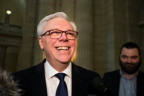 MIKAELA MACKENZIE / WINNIPEG FREE PRESS
Greg Selinger scrums with the media on his last day at the legislature in Winnipeg, Manitoba on Wednesday, March 7, 2018.
180307 - Wednesday, March 07, 2018.