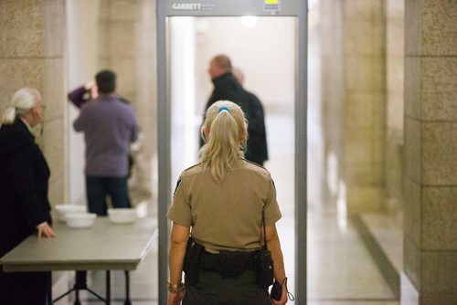 MIKAELA MACKENZIE / WINNIPEG FREE PRESS
Metal detectors are set up for the first time for people entering the visitors gallery at the Manitoba Legislature in Winnipeg, Manitoba on Wednesday, March 7, 2018.
180307 - Wednesday, March 07, 2018.