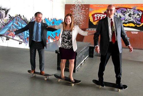 BORIS MINKEVICH / WINNIPEG FREE PRESS
From left, Finance Minister Cameron Friesen, Sarah Guillemard, Fort Richmond MLA, and Robert Reimer from Price Waterhouse Coopers(and YFC Chair) try out some skateboards in the YFC Activity Centre, 333 King St. during a tour after the event. Just before there was a unique-to-Manitoba version of the new shoes on budget day tradition Friesen did. NICK MARTIN STORY. March 8, 2018