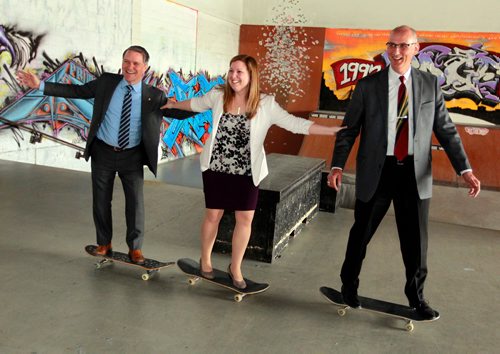BORIS MINKEVICH / WINNIPEG FREE PRESS
From left, Finance Minister Cameron Friesen, Sarah Guillemard, Fort Richmond MLA, and Robert Reimer from Price Waterhouse Coopers(and YFC Chair) try out some skateboards in the YFC Activity Centre, 333 King St. during a tour after the event. Just before there was a unique-to-Manitoba version of the new shoes on budget day tradition Friesen did. NICK MARTIN STORY. March 8, 2018