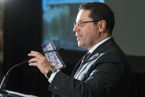 MIKE DEAL / WINNIPEG FREE PRESS
Bank of Canada Chief Operating Officer Filipe Dinis during the unveiling of the new $10 bill.
At a simultaneous ceremony held at the Canadian Museum for Human Rights in Winnipeg and the Halifax Central Library in Nova Scotia, Canada's new $10 banknote, featuring a portrait of human rights defender Viola Desmond on the front and the CMHR on the back, was unveiled. 
180308 - Thursday, March 08, 2018.