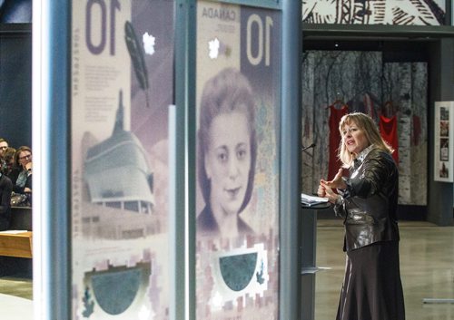 MIKE DEAL / WINNIPEG FREE PRESS
CMHR Board member Gail Asper, talks during the unveiling of the new $10 bill.
At a simultaneous ceremony held at the Canadian Museum for Human Rights in Winnipeg and the Halifax Central Library in Nova Scotia, Canada's new $10 banknote, featuring a portrait of human rights defender Viola Desmond on the front and the CMHR on the back, was unveiled. 
180308 - Thursday, March 08, 2018.