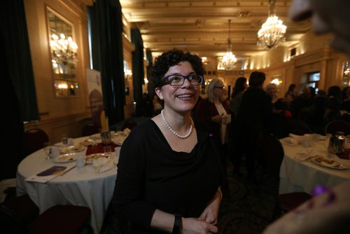 RUTH BONNEVILLE / WINNIPEG FREE PRESS

Jeannette Montufar, chairperson, Manitoba Women's Advisory Council, talks to guests after presenting report at the launch of the Status of Women in Manitoba  at luncheon at the Hotel For Garry on International Women's Day Thursday.

March 08 ,2018