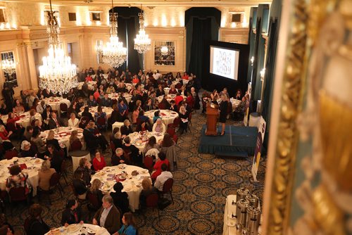 RUTH BONNEVILLE / WINNIPEG FREE PRESS

Minister Rochelle Squires, minister responsible for the status of women, speaks on stage at the Crystal Ballroom at the Hotel Fort Garry at the launch of the Status of Women in Manitoba report luncheon on International Women's Day Thursday.

March 08 ,2018
