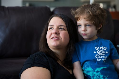 MIKAELA MACKENZIE / WINNIPEG FREE PRESS
Mom Jamie Streilein and her son Keaton, three, at their home in Sage Creek in Winnipeg, Manitoba on Sunday, March 11, 2018. The Streilein family, as well as others in the subdivision, have little to no hope of getting their kids into the school in the area.
180311 - Sunday, March 11, 2018.