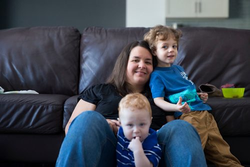 MIKAELA MACKENZIE / WINNIPEG FREE PRESS
Mom Jamie Streilein and her sons Keaton, three, and Elliot, nine months, at their home in Sage Creek in Winnipeg, Manitoba on Sunday, March 11, 2018. The Streilein family, as well as others in the subdivision, have little to no hope of getting their kids into the school in the area.
180311 - Sunday, March 11, 2018.