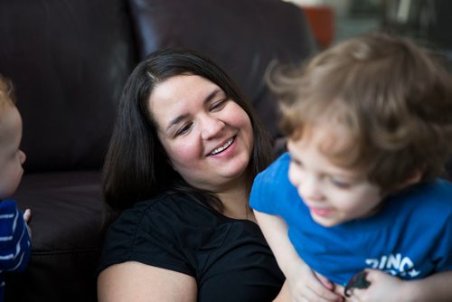 MIKAELA MACKENZIE / WINNIPEG FREE PRESS
Mom Jamie Streilein and her sons Keaton, three, and Elliot, nine months, at their home in Sage Creek in Winnipeg, Manitoba on Sunday, March 11, 2018. The Streilein family, as well as others in the subdivision, have little to no hope of getting their kids into the school in the area.
180311 - Sunday, March 11, 2018.