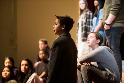 MIKAELA MACKENZIE / WINNIPEG FREE PRESS
Carlos Furber, 12, rehearses locally written rock opera Eastar at St. Mary's Academy in Winnipeg, Manitoba on Sunday, March 11, 2018.
 Mikaela MacKenzie / Winnipeg Free Press 11, 2018.