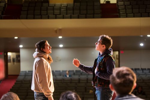 MIKAELA MACKENZIE / WINNIPEG FREE PRESS
Kamal Chioua, playing Jesus (left), and Eric Lamb, playing John the Baptist, rehearse locally written rock opera Eastar at St. Mary's Academy in Winnipeg, Manitoba on Sunday, March 11, 2018.
 Mikaela MacKenzie / Winnipeg Free Press 11, 2018.