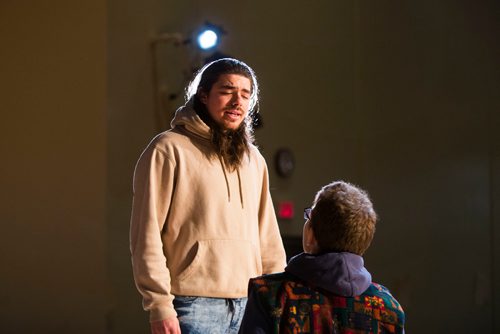 MIKAELA MACKENZIE / WINNIPEG FREE PRESS
Kamal Chioua, playing Jesus (left), and Eric Lamb, playing John the Baptist, rehearse locally written rock opera Eastar at St. Mary's Academy in Winnipeg, Manitoba on Sunday, March 11, 2018.
 Mikaela MacKenzie / Winnipeg Free Press 11, 2018.