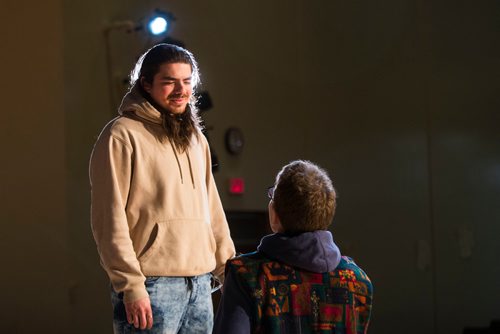 MIKAELA MACKENZIE / WINNIPEG FREE PRESS
Kamal Chioua, playing Jesus (left), and Eric Lamb, playing John the Baptist, rehearse locally written rock opera Eastar at St. Mary's Academy in Winnipeg, Manitoba on Sunday, March 11, 2018.
 Mikaela MacKenzie / Winnipeg Free Press 11, 2018.