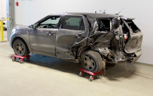BORIS MINKEVICH / WINNIPEG FREE PRESS
Winnipeg police are telling drivers to be cautious after a three-vehicle collision Sunday afternoon involving a Police traffic SUV. The MVC happened at Fermor Ave. at Navin Rd on Sunday. Here is the vehicle involved is shown to the media inside police headquarters.  March 12, 2018