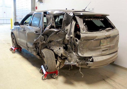 BORIS MINKEVICH / WINNIPEG FREE PRESS
Winnipeg police are telling drivers to be cautious after a three-vehicle collision Sunday afternoon involving a Police traffic SUV. The MVC happened at Fermor Ave. at Navin Rd on Sunday. Here is the vehicle involved is shown to the media inside police headquarters.  March 12, 2018