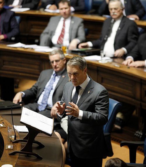 PHIL HOSSACK / WINNIPEG FREE PRESS -  Minister of Finance Cameron Friesen delivers his budget at the Manitoba Legislature Monday.  - March 12, 2018
