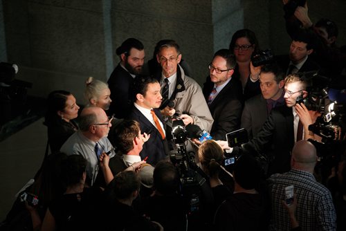 PHIL HOSSACK / WINNIPEG FREE PRESS -  Opposition leader Wab Kinew surrounded by media post budget reading.  - March 12, 2018