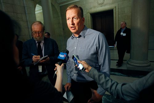 PHIL HOSSACK / WINNIPEG FREE PRESS - Kevin Rebeck, Mb Federation of Labor Presidet reacts to the budget at the Manitoba Legislature Monday.  - March 12, 2018