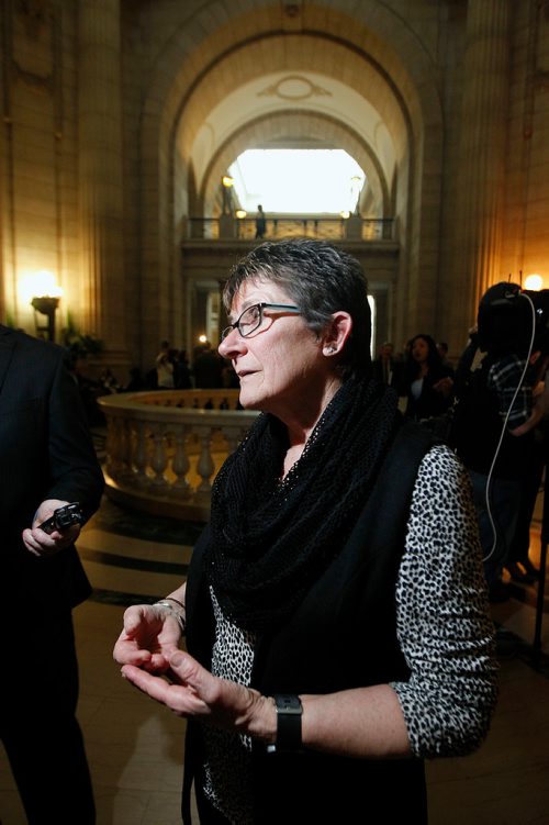 PHIL HOSSACK / WINNIPEG FREE PRESS - Pat Wege Executive Director Manitoba Child Care Association reacts to the budget at the Manitoba Legislature Monday.  - March 12, 2018