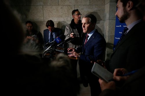 JOHN WOODS / WINNIPEG FREE PRESS
Cameron Friesen, Minister of Finance, speaks to media outside question period about yesterday's Manitoba budget Tuesday, March 13, 2018.